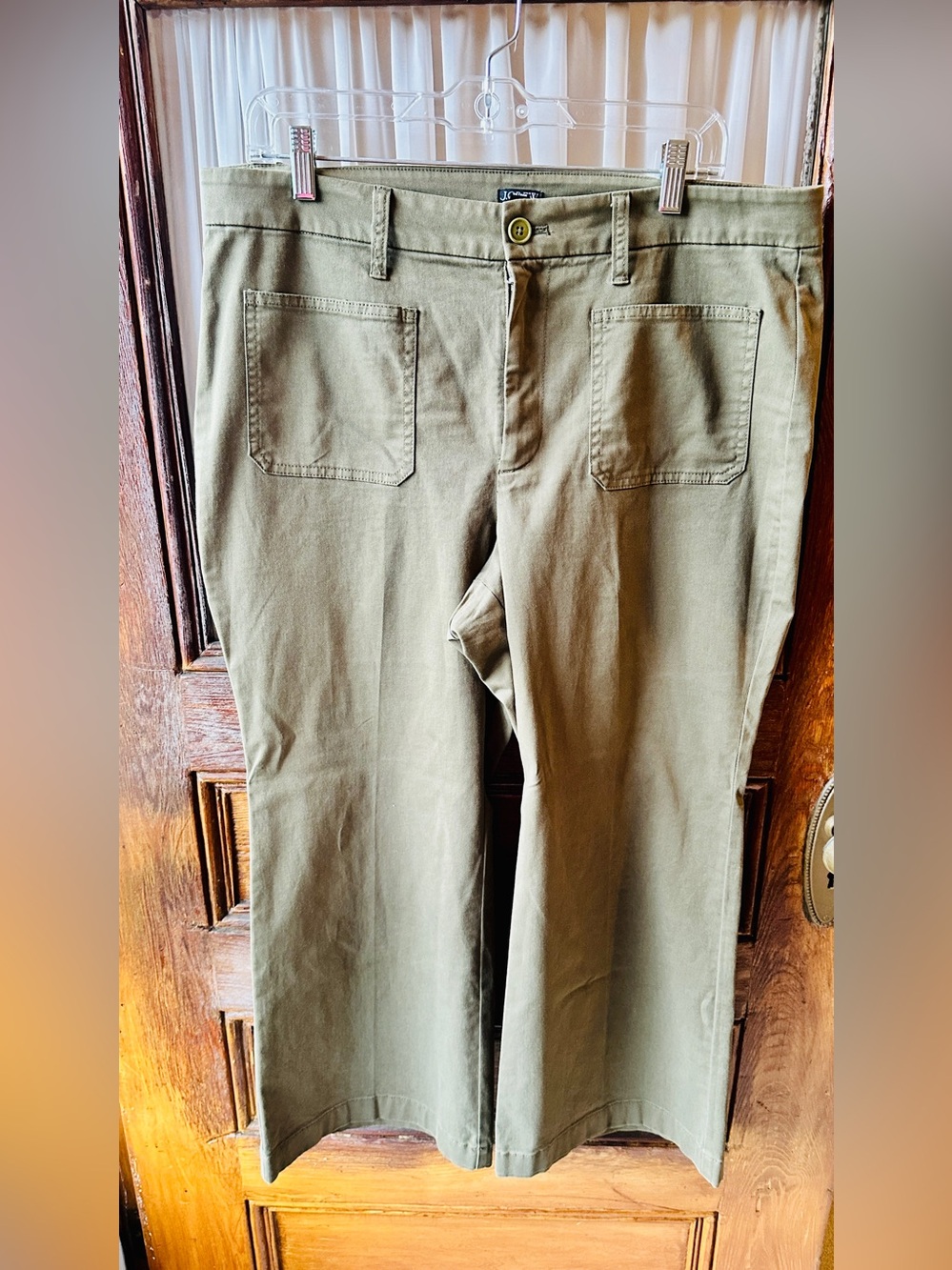 J.Crew Wide Leg Utility Pants Olive Green 32P Petite Patch Pocket